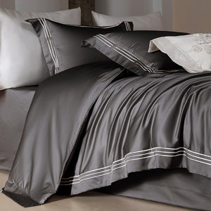 VILZSTUDIOS ivory satin bedding set with triple metallic embroidered stripes and wide flanged borders