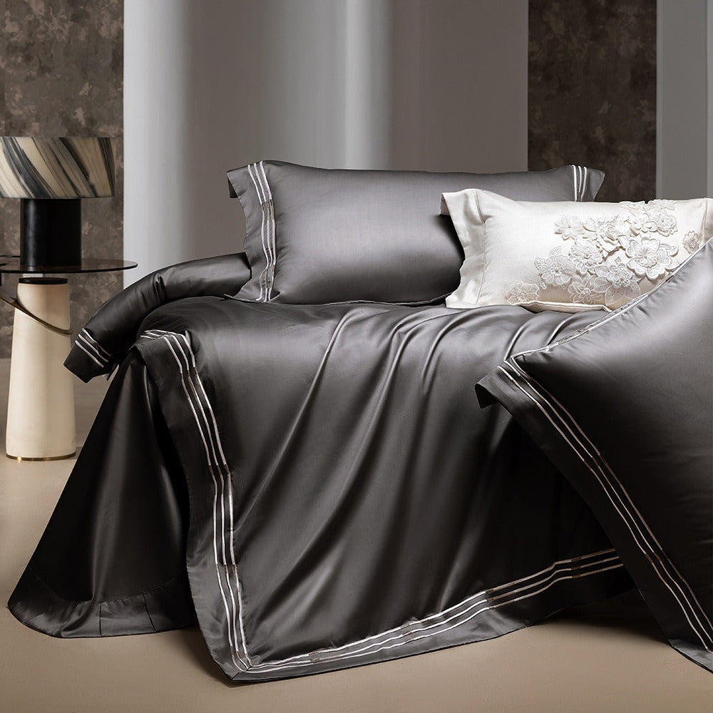 VILZSTUDIOS ivory satin bedding set with triple metallic embroidered stripes and wide flanged borders