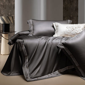 VILZSTUDIOS ivory satin bedding set with triple metallic embroidered stripes and wide flanged borders