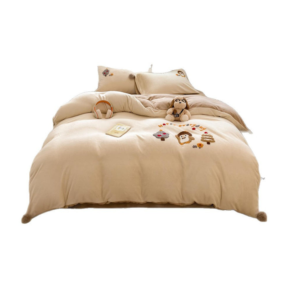 VILZSTUDIOS baby blue and camel fleece bedding set with raised tree and penguin motifs and white pom-pom trim