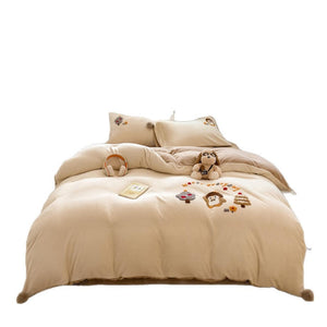 VILZSTUDIOS baby blue and camel fleece bedding set with raised tree and penguin motifs and white pom-pom trim