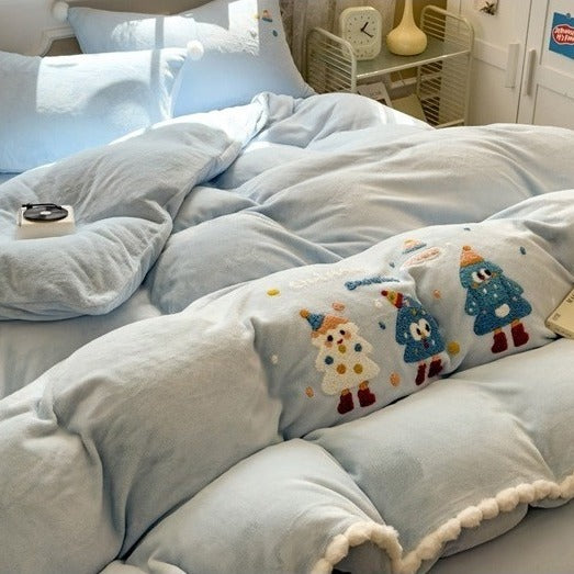 VILZSTUDIOS baby blue and camel fleece bedding set with raised tree and penguin motifs and white pom-pom trim
