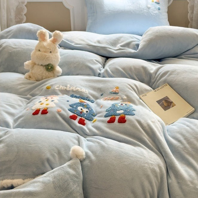 VILZSTUDIOS baby blue and camel fleece bedding set with raised tree and penguin motifs and white pom-pom trim