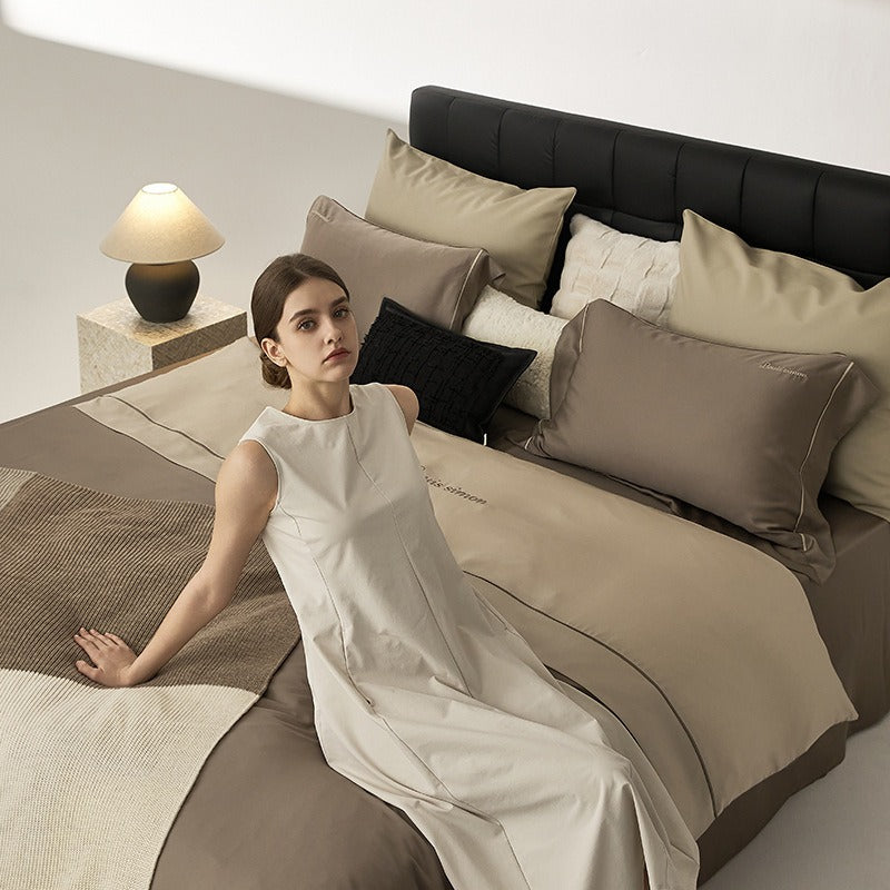 VILZSTUDIOS two-tone satin duvet cover set with script embroidery and contrast piping in taupe, mauve, rust-red or silvery gray