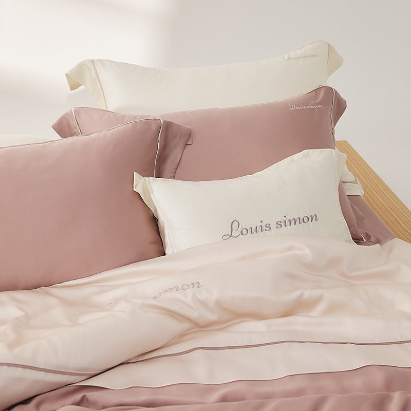 VILZSTUDIOS two-tone satin duvet cover set with script embroidery and contrast piping in taupe, mauve, rust-red or silvery gray