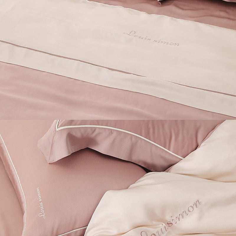 VILZSTUDIOS two-tone satin duvet cover set with script embroidery and contrast piping in taupe, mauve, rust-red or silvery gray