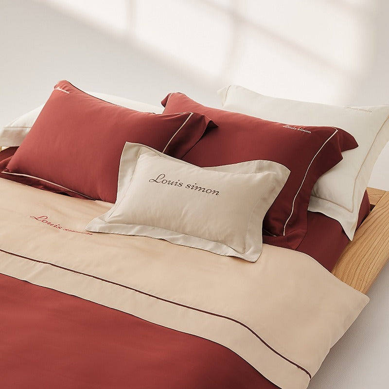 VILZSTUDIOS two-tone satin duvet cover set with script embroidery and contrast piping in taupe, mauve, rust-red or silvery gray