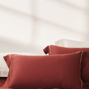 VILZSTUDIOS two-tone satin duvet cover set with script embroidery and contrast piping in taupe, mauve, rust-red or silvery gray