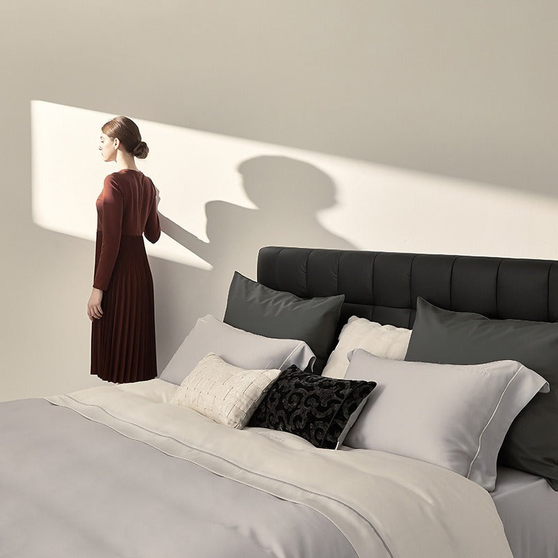 VILZSTUDIOS two-tone satin duvet cover set with script embroidery and contrast piping in taupe, mauve, rust-red or silvery gray