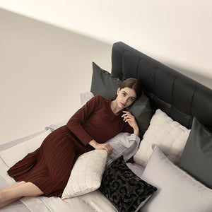 VILZSTUDIOS two-tone satin duvet cover set with script embroidery and contrast piping in taupe, mauve, rust-red or silvery gray