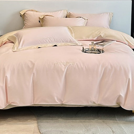 VILZSTUDIOS sage green or blush pink and champagne beige two-tone duvet cover set with piped pillowcases