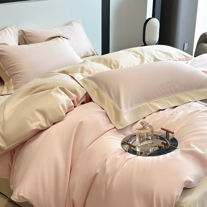 VILZSTUDIOS sage green or blush pink and champagne beige two-tone duvet cover set with piped pillowcases