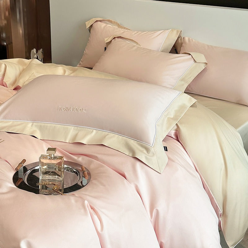 VILZSTUDIOS sage green or blush pink and champagne beige two-tone duvet cover set with piped pillowcases