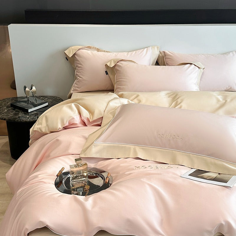 VILZSTUDIOS sage green or blush pink and champagne beige two-tone duvet cover set with piped pillowcases