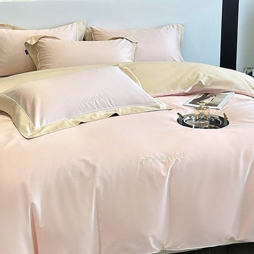 VILZSTUDIOS sage green or blush pink and champagne beige two-tone duvet cover set with piped pillowcases