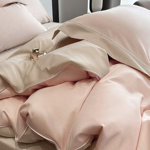 VILZSTUDIOS sage green or blush pink and champagne beige two-tone duvet cover set with piped pillowcases