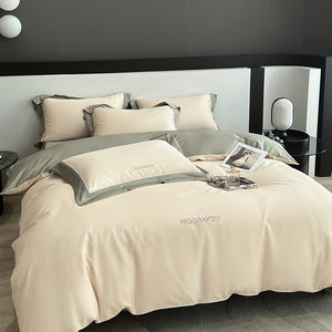 VILZSTUDIOS sage green or blush pink and champagne beige two-tone duvet cover set with piped pillowcases