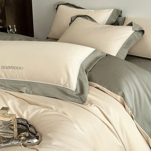 VILZSTUDIOS sage green or blush pink and champagne beige two-tone duvet cover set with piped pillowcases