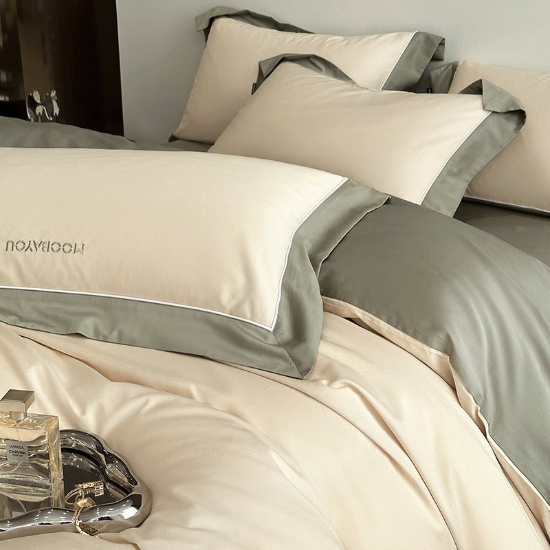 VILZSTUDIOS sage green or blush pink and champagne beige two-tone duvet cover set with piped pillowcases
