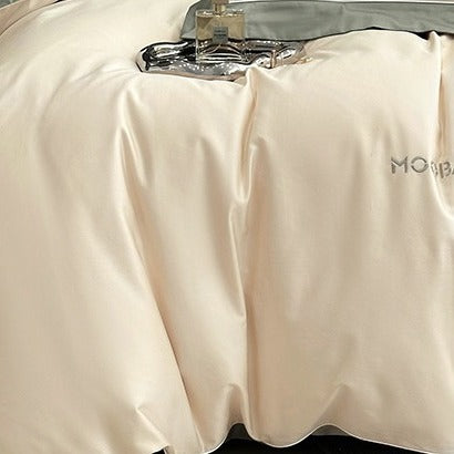 VILZSTUDIOS sage green or blush pink and champagne beige two-tone duvet cover set with piped pillowcases
