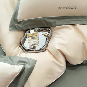 VILZSTUDIOS sage green or blush pink and champagne beige two-tone duvet cover set with piped pillowcases