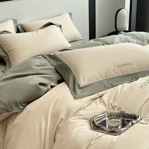 VILZSTUDIOS sage green or blush pink and champagne beige two-tone duvet cover set with piped pillowcases