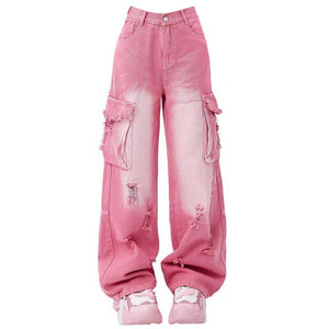 VILZSTUDIOS Pink cargo jeans with pockets and distressed details
