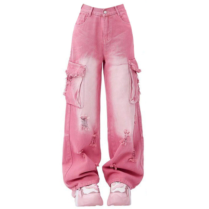 VILZSTUDIOS Pink cargo jeans with pockets and distressed details