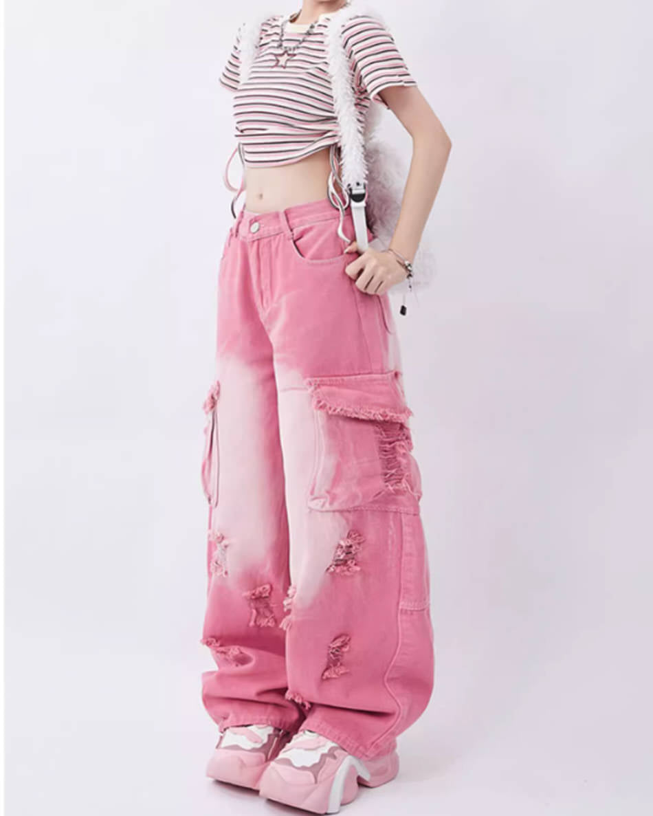 VILZSTUDIOS Pink cargo jeans with pockets and distressed details