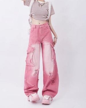 VILZSTUDIOS Pink cargo jeans with pockets and distressed details