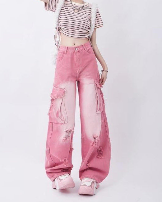 VILZSTUDIOS Pink cargo jeans with pockets and distressed details