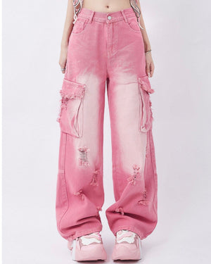 VILZSTUDIOS Pink cargo jeans with pockets and distressed details