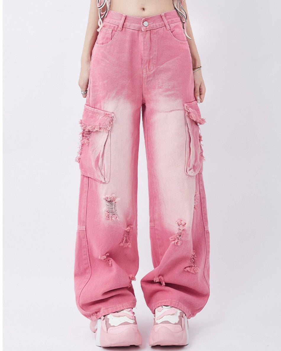 VILZSTUDIOS Pink cargo jeans with pockets and distressed details