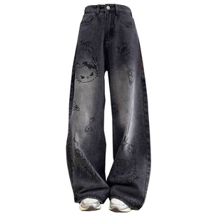 VILZSTUDIOS Stylish wide-leg jeans with cat prints