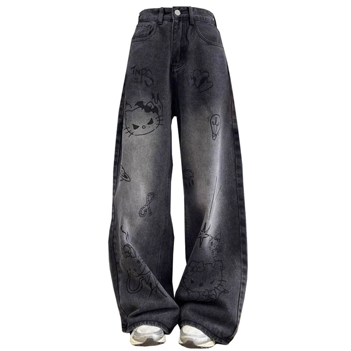 VILZSTUDIOS Stylish wide-leg jeans with cat prints