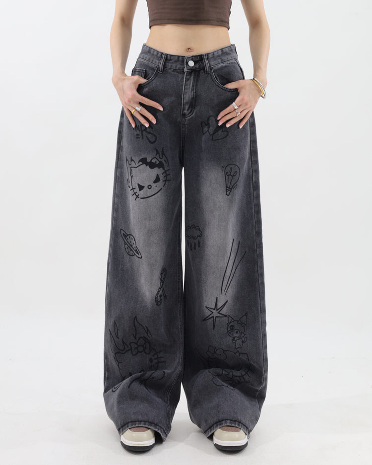VILZSTUDIOS Stylish wide-leg jeans with cat prints