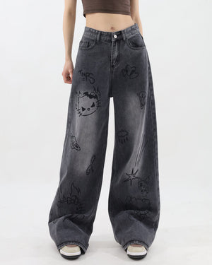 VILZSTUDIOS Stylish wide-leg jeans with cat prints