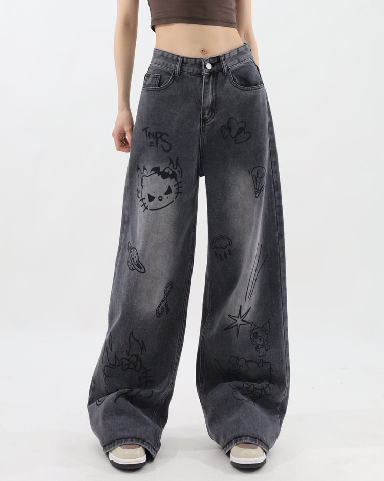 VILZSTUDIOS Stylish wide-leg jeans with cat prints