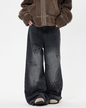 VILZSTUDIOS Stylish wide-leg jeans with cat prints