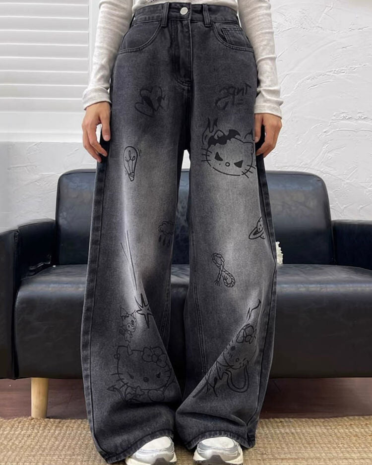 VILZSTUDIOS Stylish wide-leg jeans with cat prints