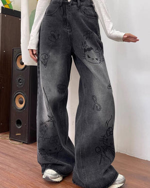 VILZSTUDIOS Stylish wide-leg jeans with cat prints