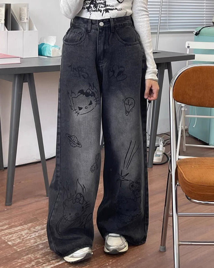 VILZSTUDIOS Stylish wide-leg jeans with cat prints