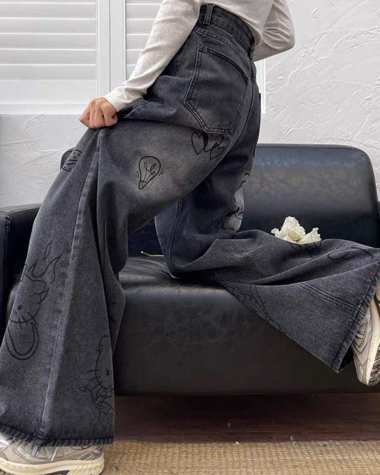 VILZSTUDIOS Stylish wide-leg jeans with cat prints