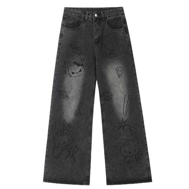 VILZSTUDIOS Stylish wide-leg jeans with cat prints