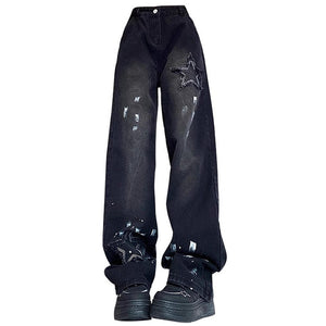 VILZSTUDIOS Stylish black wide-leg jeans with star patches and paint splatter detailing