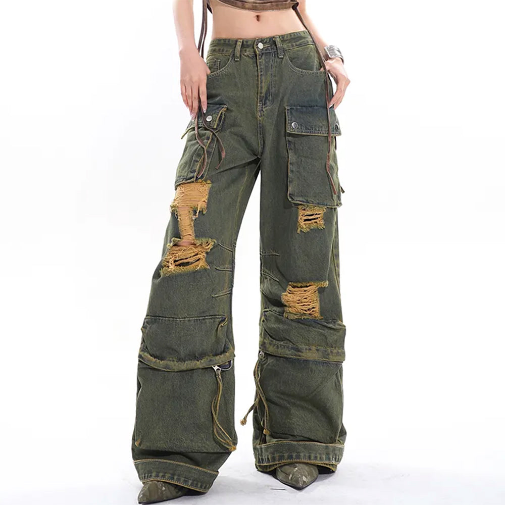 VILZSTUDIOS Utility cargo jeans with ripped detailing and large pockets