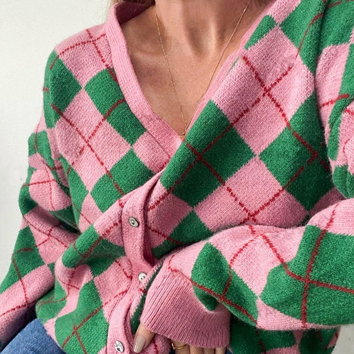 VILZSTUDIOS Vibrant knit cardigan with argyle pattern