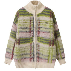 VILZSTUDIOS Fuzzy plaid zip-up sweater with star charm zipper