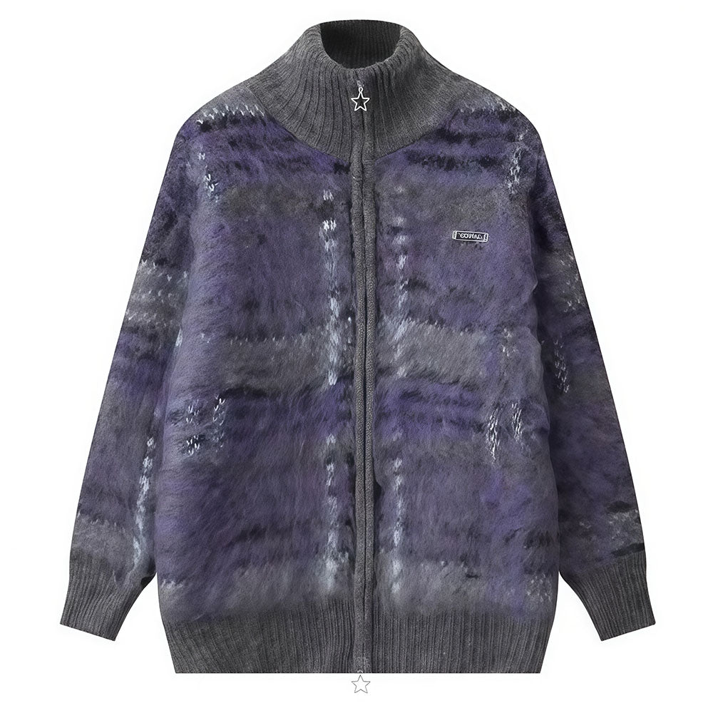 VILZSTUDIOS Fuzzy plaid zip-up sweater with star charm zipper