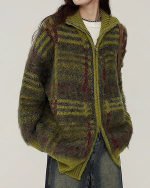 VILZSTUDIOS Fuzzy plaid zip-up sweater with star charm zipper